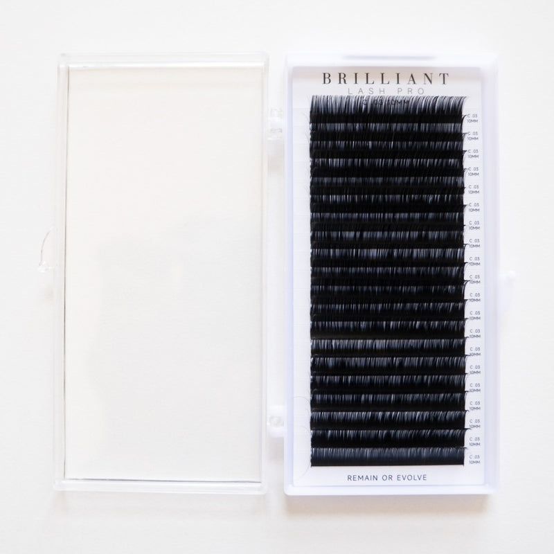 Close-up of Softline Lash Extensions tray with 20 lines of ultra-soft satin lashes in C curl